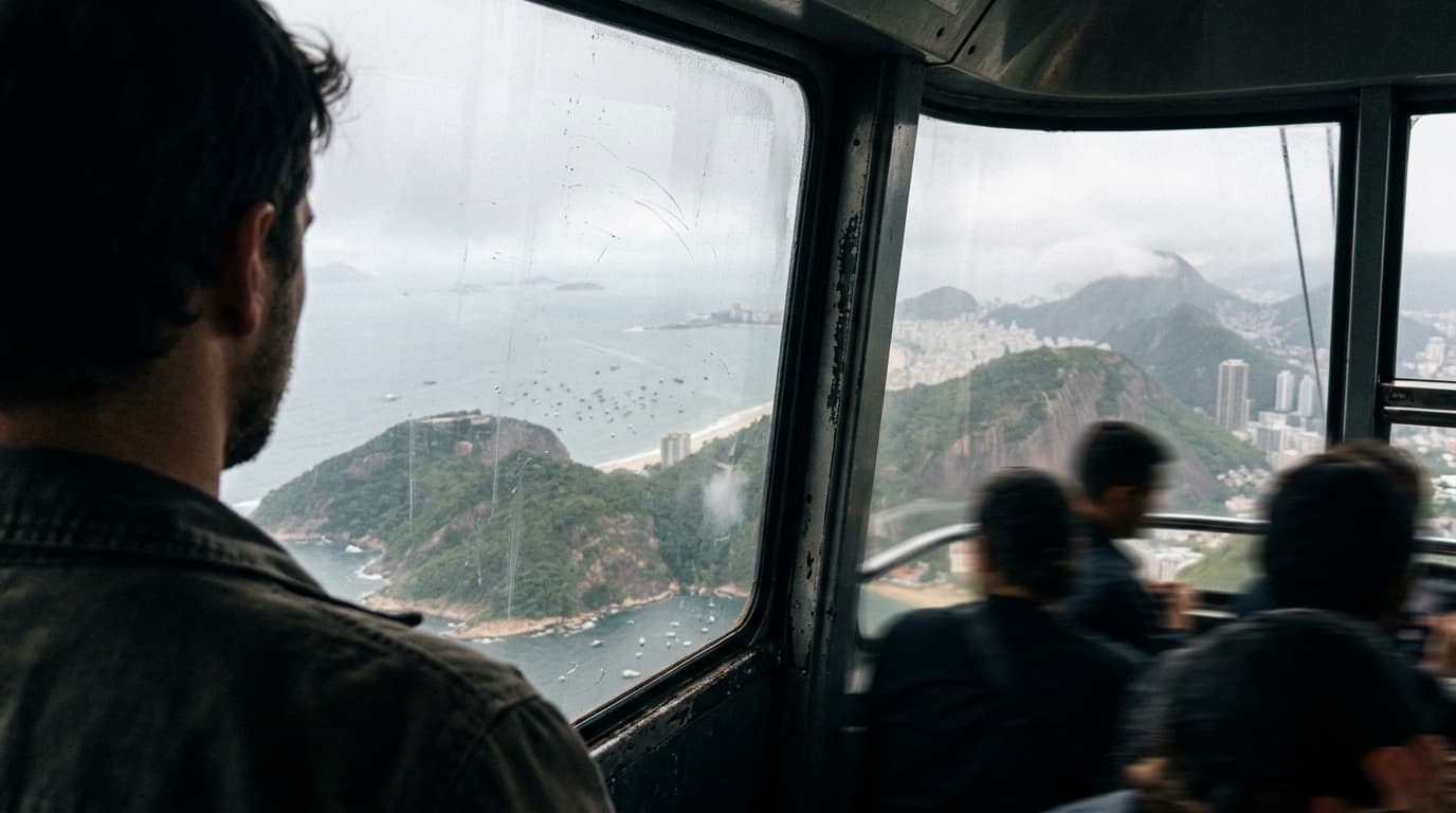 Misty view from Sugarloaf cable car with Rio coastline below