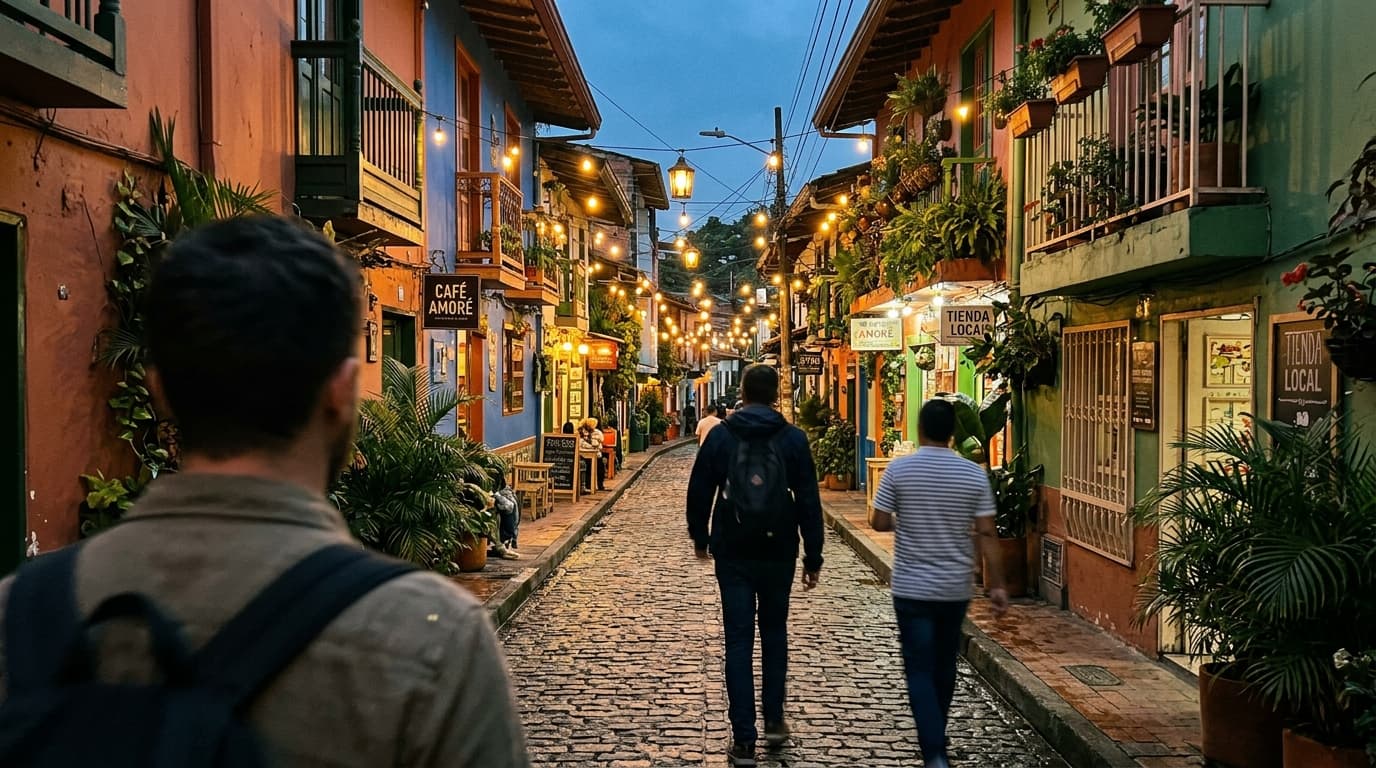 Street in El Poblado at dusk with warm string lights and colorful facades