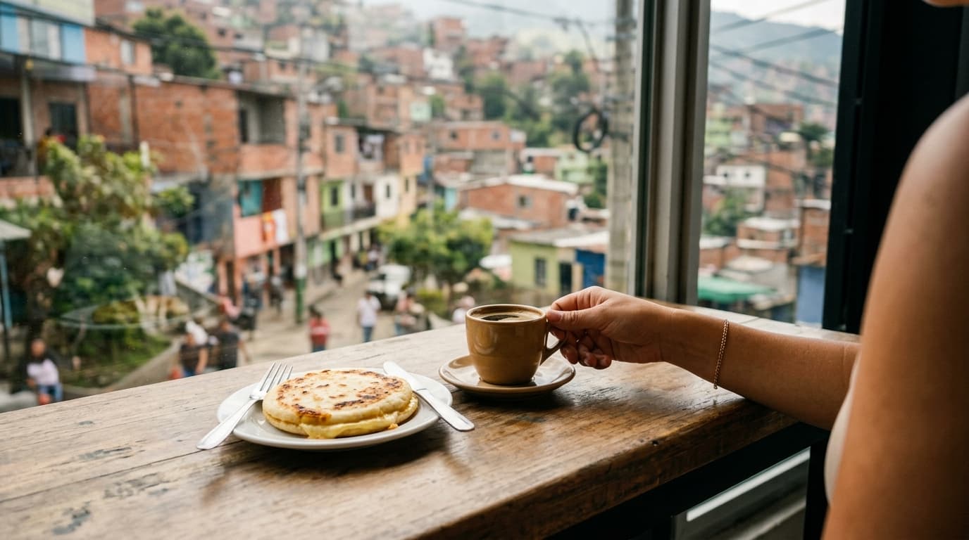 Arepa and tinto on a table with a blurred woman's hand reaching for coffee