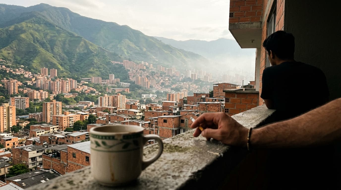View from a balcony over Medellín valley with green mountains and city below