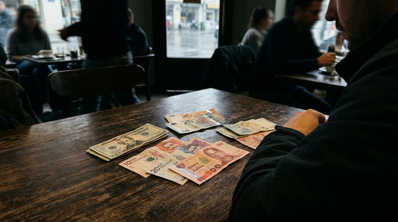 Different currency notes spread on a dark table — dollars, euros, pesos, baht