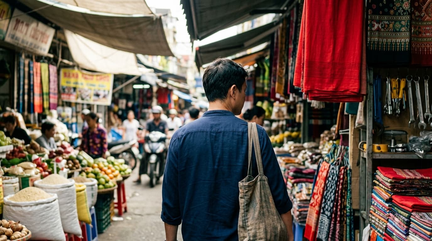 Crowded street market with anonymous shoppers and colorful stalls