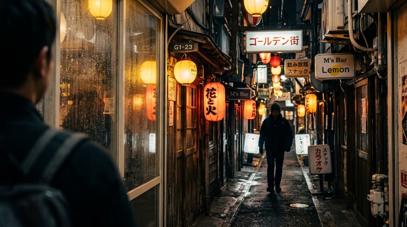 Narrow alley in Shinjuku Golden Gai with glowing lanterns and tiny bar signs