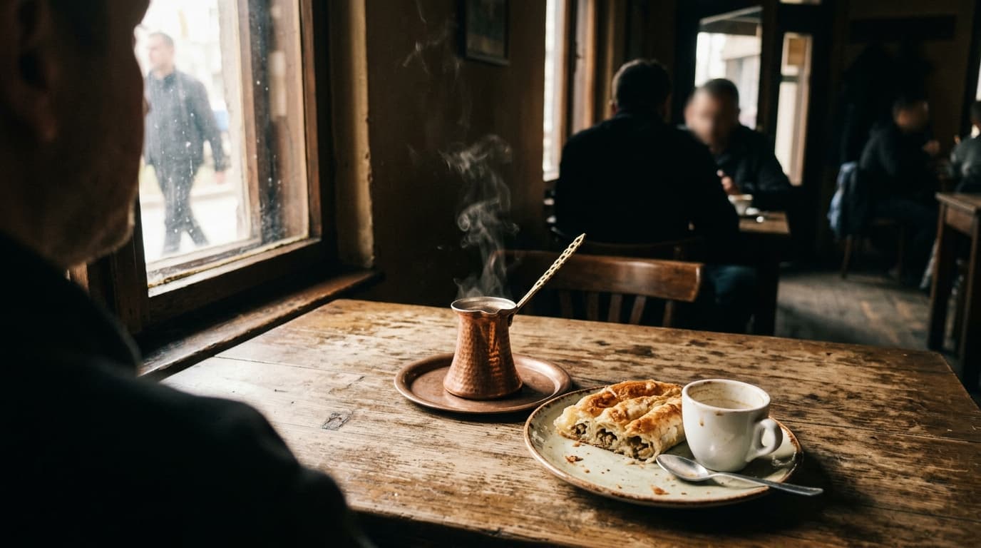 Copper džezva on a wooden table in a dimly lit Belgrade café