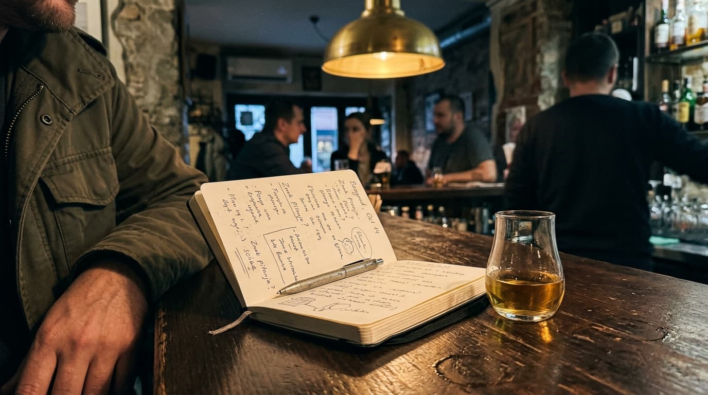Open Moleskine notebook on a bar counter with warm ambient lighting