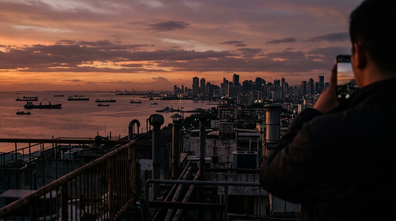 Manila Bay at sunset from a rooftop with city silhouette