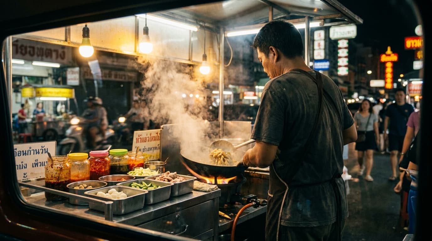 Street food vendor at night with warm light illuminating steam and woks