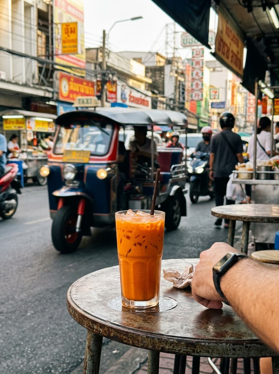 Thai iced tea in a tall glass on a table with a tuk-tuk blurred in background