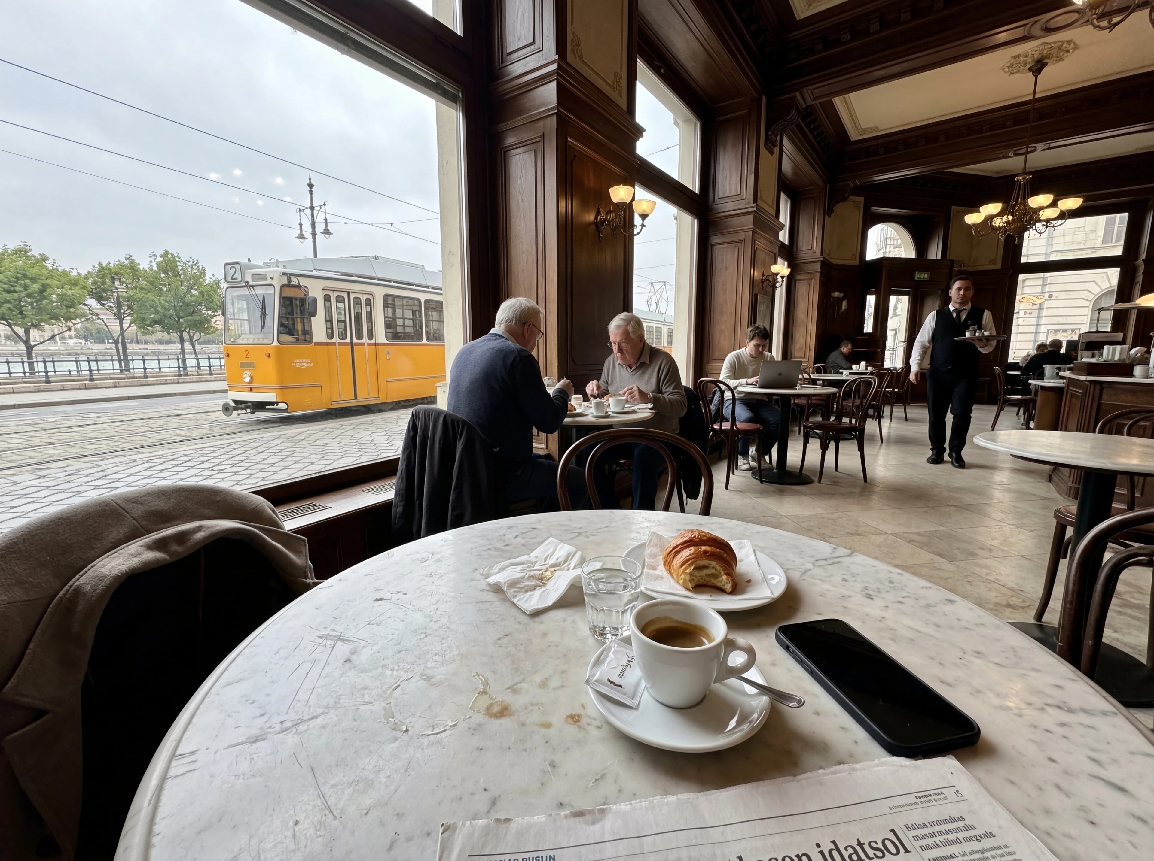 Budapest cafรฉ interior with morning light streaming through windows