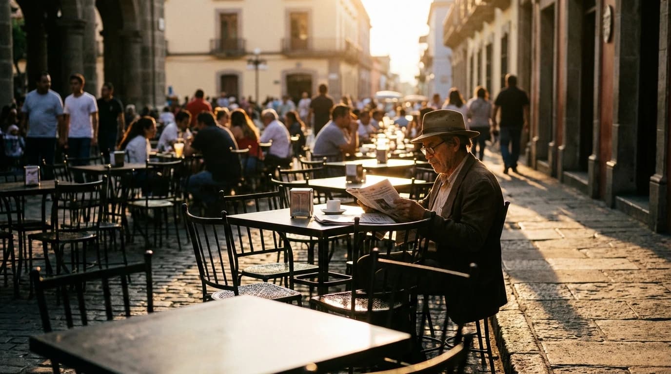 Café terrace at golden hour