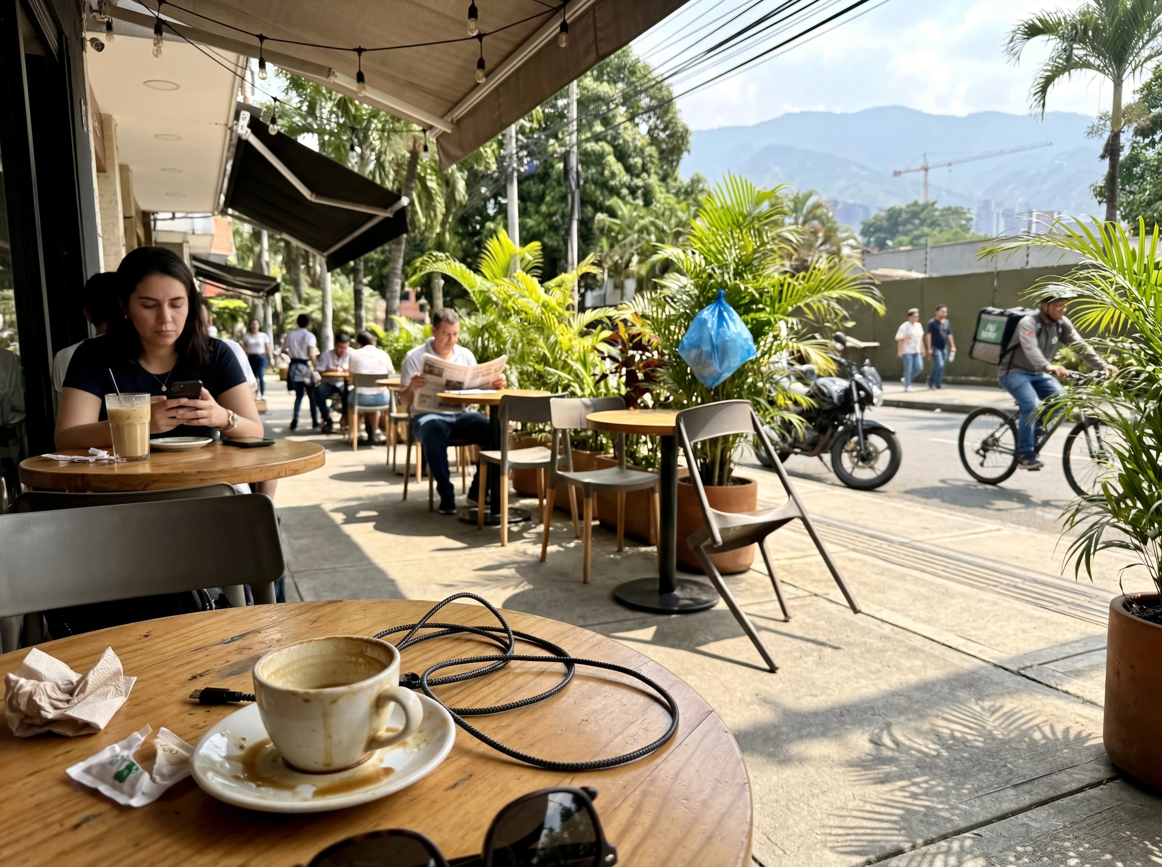 Street café terrace in Medellín at golden hour