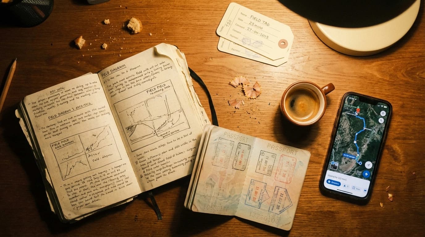 Notebook and passport flat lay