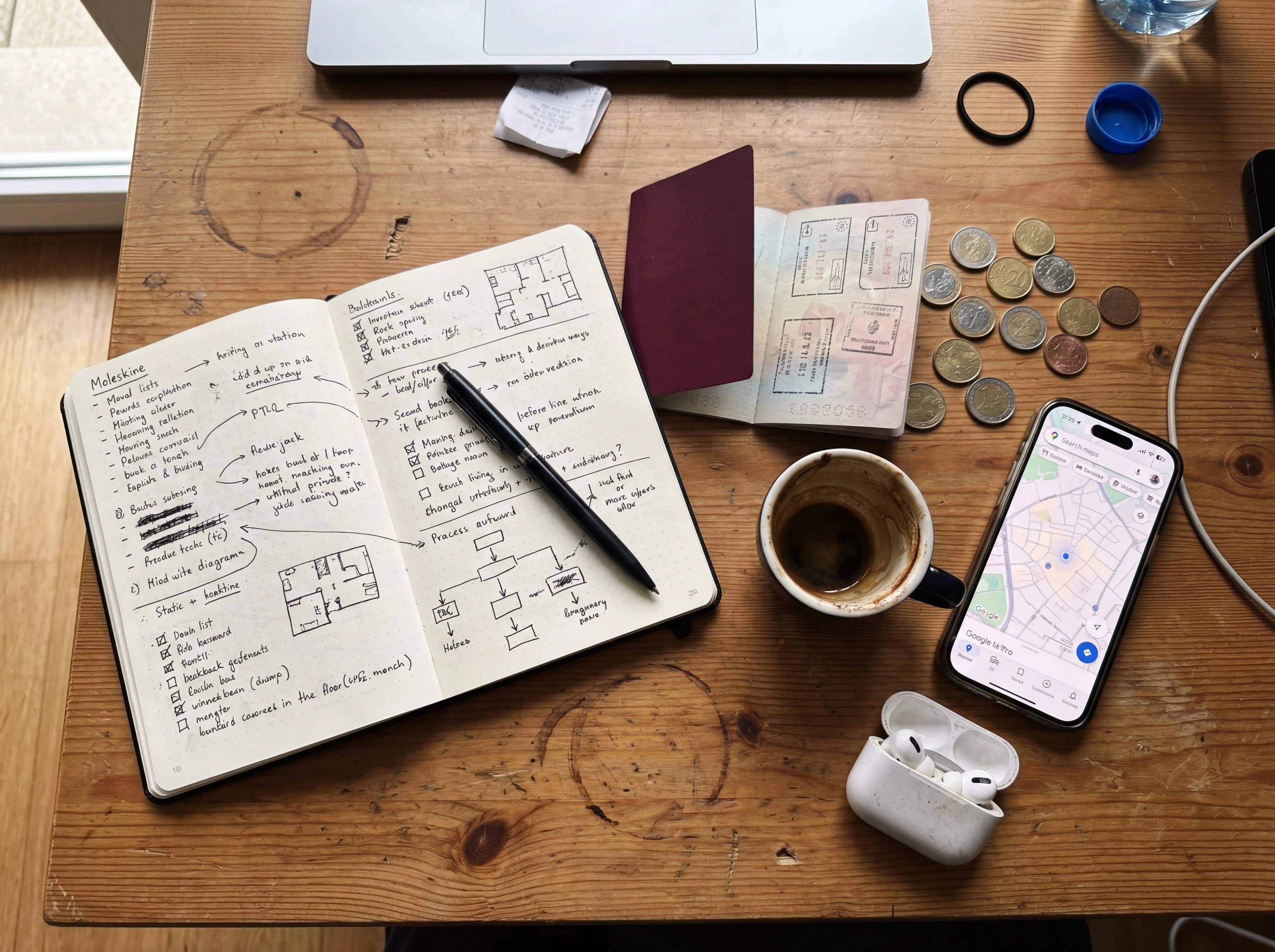 Overhead view of a researcher workspace with notebook passport and coffee