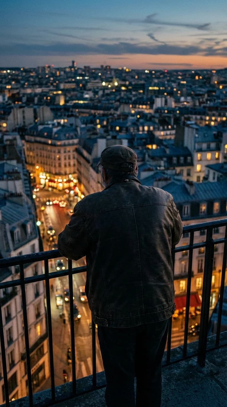 Man on balcony at dusk